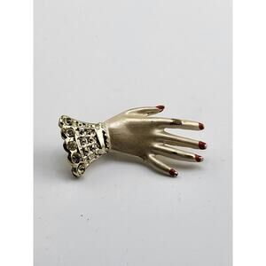 Vintage Ladies Hand Brooch Red Enamel Nails Rhinestone Cuff Silver Tone